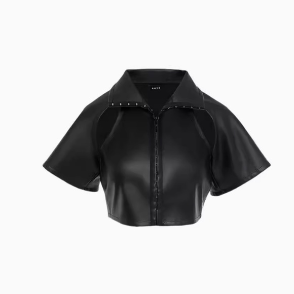 NWT RUVE ZASH Cropped Vegan Faux Leather Shirt - Black Cut Out - Picture 4 of 8
